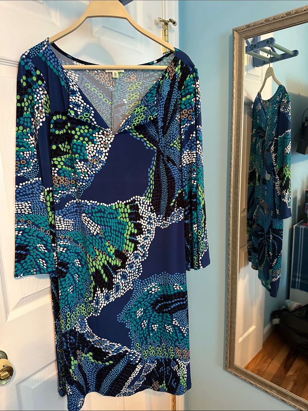 Max Studio Navy, Teal & Green V-Neck Long Sleeve Dress